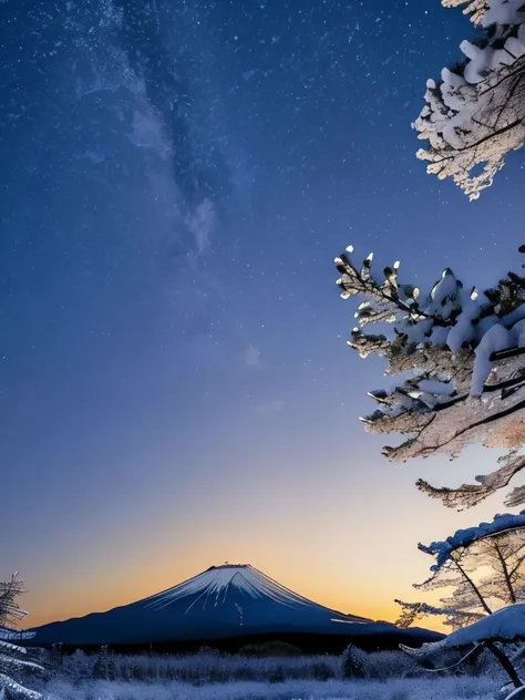 snowy trees in a forest with a mountain in the background, a picture by Tadashi Nakayama, unsplash contest winner, ukiyo-e, at snowy fuji mountain sunrise, aomori japan, japan mountains, mount fuji, japan nature, at snowy fuji mountain moonlight, mt. fuji,...