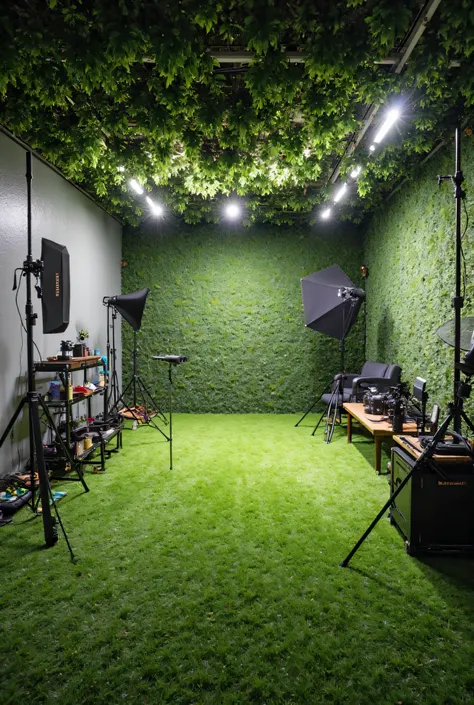 An artificial grass room for a photo workshop full of equipment without people