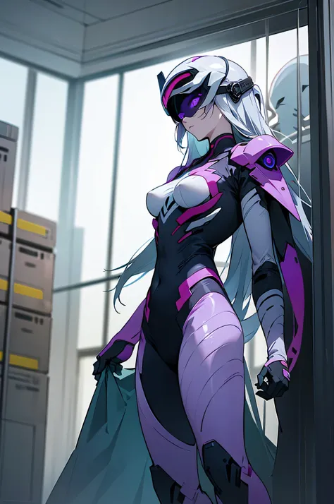 score_9,score_8_up,score_7_up,anime coloring BREAK source_anime,anime,marida,1girl,solo,purple eyes,banshee suit,(banshee helmet:1.4),standing,indoors,factory,from_below,