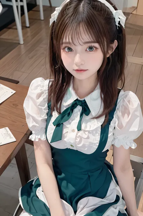   table top,   top quality of talks, shape,  Very Detailed ,   Details,   high resolution,   8k wallpaper,   perfect dynamic composition, ((close:1.3,   from above,    And viewers  )),     beautiful details  , (Wearing a cotton maid outfit, Pointy big brea...