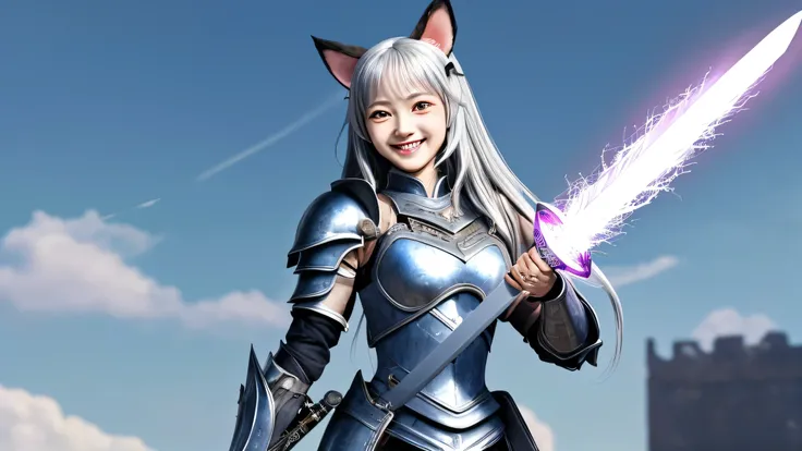 Draw only one character in the image, A girl with dog ears and long silver hair. She is wearing a metal armor with a long lightning sword. She is standing in a cute and confident pose, facing forward with a big, cheerful smile. making her the central focus...