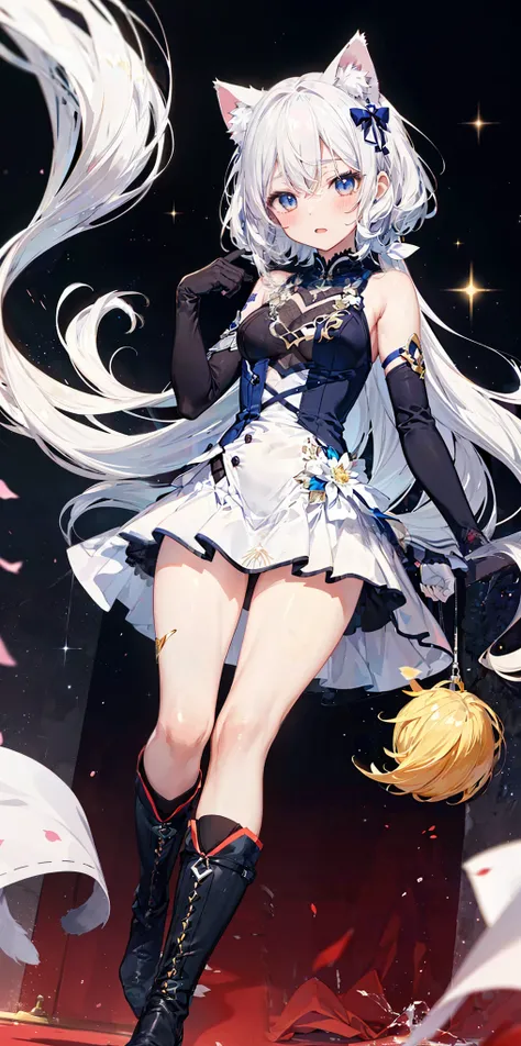 Cat ears girl 　cat gloves and boots　tail長い髪,  silver hair,  tail, anime style,  take your feet out of the frame,, opens her mouth slightly, have twinkling eyes, throw,  blushes, masterpiece, high definition, anatomically correct, accurate, TOP QUALITY, has...