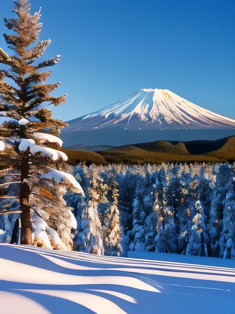 snowy trees in a forest with a mountain in the background, at snowy fuji mountain sunrise, aomori japan, japan mountains, mount fuji, japan nature, at snowy fuji mountain moonlight, mt. fuji, fuji choko, snowy hill at sunrise, snowy mountain, beautiful for...