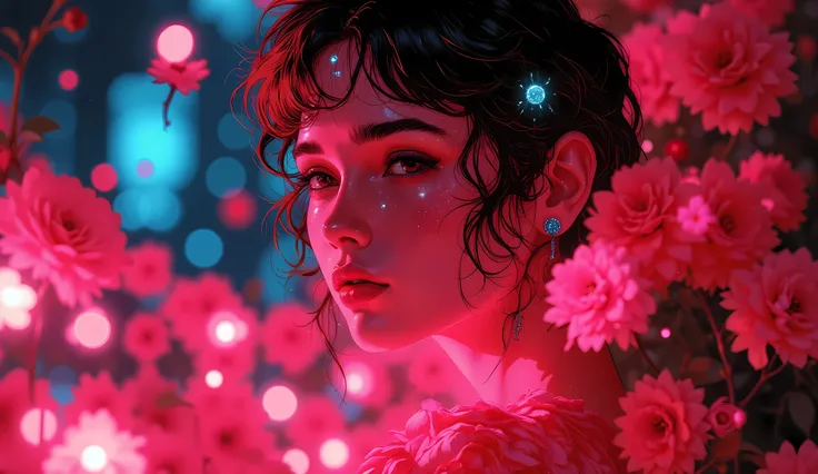 high quality, 8K ultra HD, Una hermosa MUJER DE NOCHE double exposure que combina una silueta de mujer con una diamantes, la rosa should serve as a backdrop, with its details incorporated into the woman , sharp lines, The background iS fuego, sharp foc...