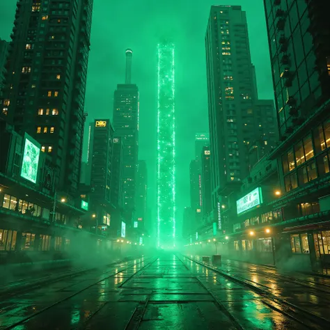 "A high-quality digital artwork in landscape format (1200x134 pixels) depicting a futuristic cityscape with an urban and cyberpunk-inspired aesthetic. The city is illuminated by vibrant green neon lights, casting a high-tech glow across towering skyscraper...