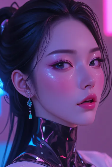 80’s glam rock makeup on shiny pretty  Chinese lady android face, anime, 2.5D, Glittery face, moody lighting, (purples, pinks, and blues), iridescent face, abstract ai model, pretty, sexy, minimal, sleek, slender, asian, elegant, chic, futuristic, retro, s...