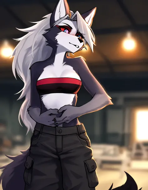  masterpiece,best quality,amazing quality,very aesthetic,high resolution,ultra-detailed,absurdres,newest,scenery,depth of field,volumetric lighting, bandeau, cargo pants, workshop, solo, 1girl, tail, cute girl, anthro_furry, close up,Loona Hellhound_\(Hell...