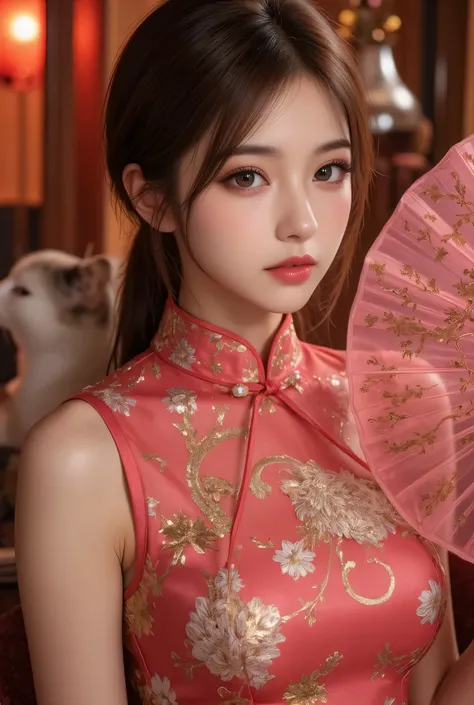 Cat ears、 face up, attractive, pretty girl, ponytail、 (( fine facial features , eroticism)), dramatic lighting , realistic , 8k, Dramatic Shadows , intricate and elaborate patterns , super detailed photo , chiaroscuro lighting , Pleasant colors , deep cont...