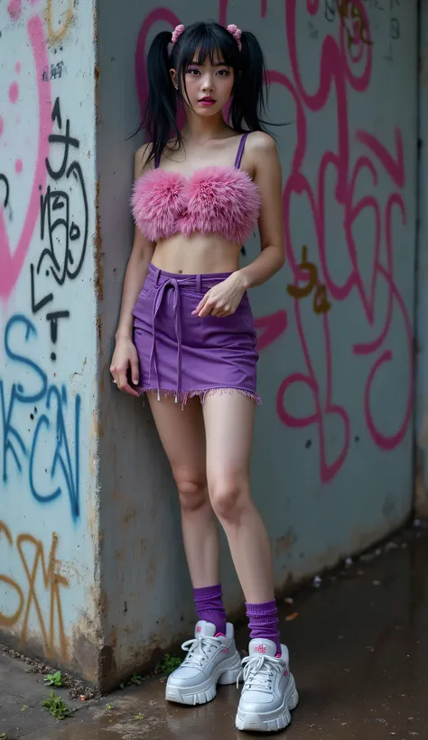 high quality, ultra details, hyper-realistic, magazine photo, an 18 year old oriental girl, black hair with two pigtails, eyelids made up in exaggerated purple, purple lips, very tight top made of pink fluff, purple miniskirt with two openings on the thigh...