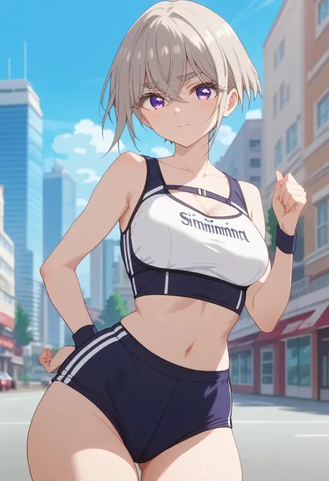 iku sutou, short hair, purple eyes, grey hair, uniform anime screencap, city, wide hips, thighs, sport lingerie