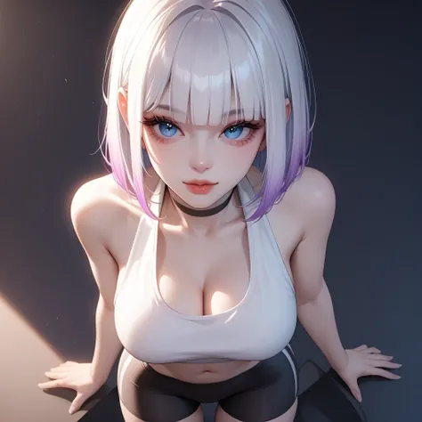 ((pastel purple White hair, gradient hair ),top quality、 ( professional lighting without shadows )、 surreal, is fascinating、 figure like a slender supermodel、 1 girl, ( (full body, (Head-to-toe shot:1.4), full body shot, from front, from above), ( very big...