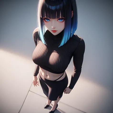 ((pastel blue black, hair, gradient hair ), best quality 、 Masterpiece、( professional lighting )、  surreal、( wearing high heels) ,(Nipples:0.65), Charming、 slender supermodel 、 one adult female , (full body, (Head-to-toe shot:1.4), full body shot, from fro...