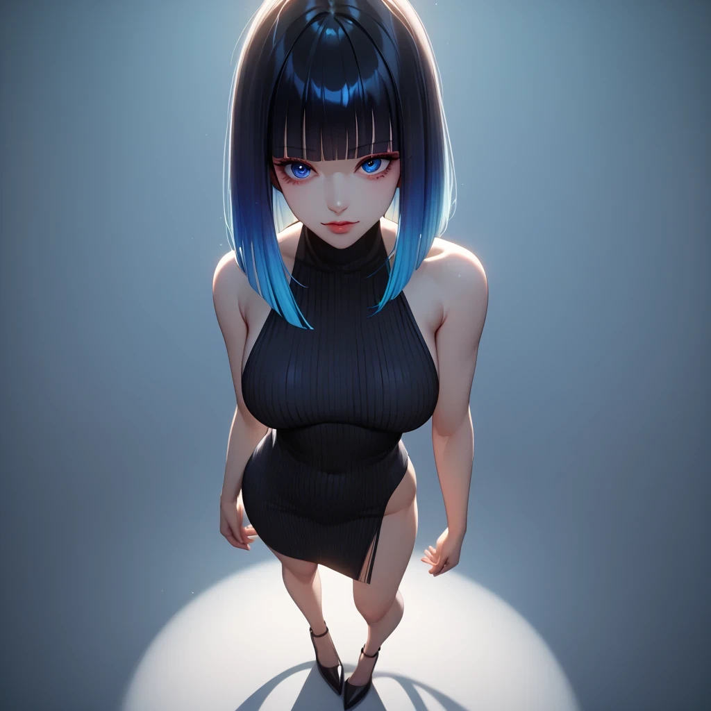 ((pastel blue black, hair, gradient hair ), best quality 、 Masterpiece、( professional lighting )、  surreal、( wearing high heels) ,(Nipples:0.65), Charming、 slender supermodel 、 one adult female , (full body, (Head-to-toe shot:1.4), full body shot, from fro...