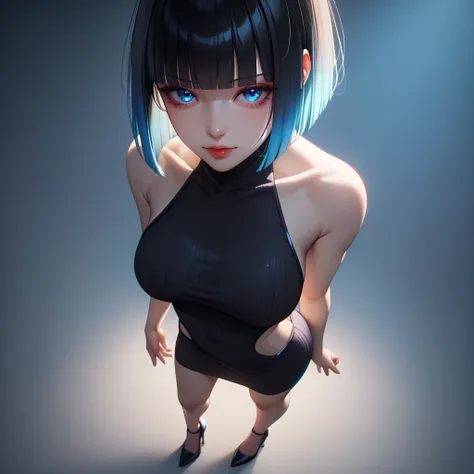 ((pastel blue black, hair, gradient hair ), best quality 、 Masterpiece、( professional lighting )、  surreal、( wearing high heels) ,(Nipples:0.65), Charming、 slender supermodel 、 one adult female , (full body, (Head-to-toe shot:1.4), full body shot, from fro...