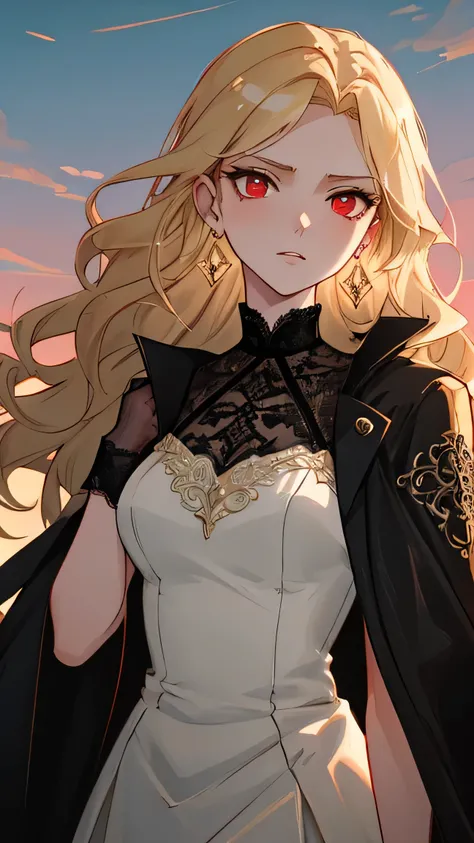 
Masterpiece, Best Quality, Top Quality, Very Detailed, Anime-style blonde woman with striking red eyes, wearing an elegant black gothic outfit with lace and leather details. Her long, wavy hair flows dramatically in the warm sunlight, casting a golden glo...