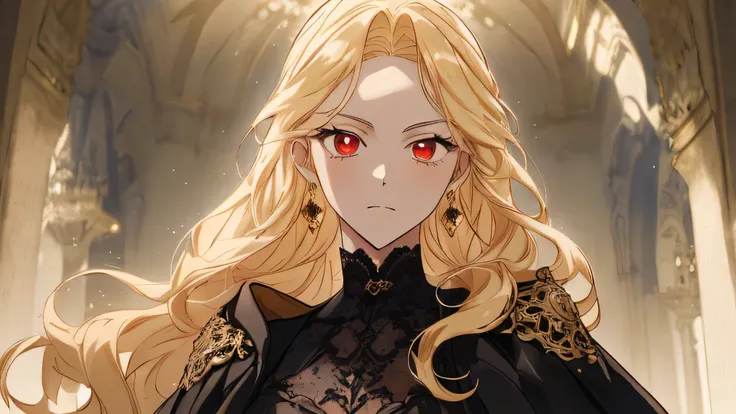 
Masterpiece, Best Quality, Top Quality, Very Detailed, Anime-style blonde woman with striking red eyes, wearing an elegant black gothic outfit with lace and leather details. Her long, wavy hair flows dramatically in the warm sunlight, casting a golden glo...