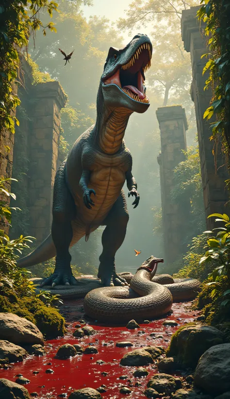 A towering, battle-scarred Tyrannosaurus rex stands victorious in the heart of an ancient jungle, its massive foot crushing the lifeless body of an enormous king cobra. The snake’s shattered fangs glisten with venom, its body coiled in a pool of thick, dar...