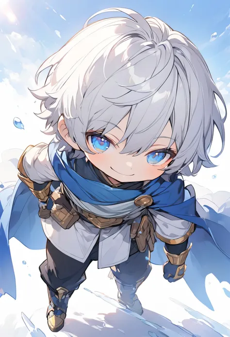 Alone，Short Hair， Silver Hair，A boy dressed as a hero， blue eyes，smile，deformed