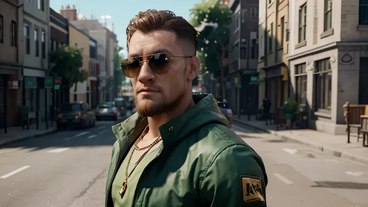 a man in a green jacket and sunglasses with a gold chain, 0 brainsucker render, 3 d render official art, high detail iconic character, conor mcgregor, official character art, promotional render, maxwell render, arnold render, highly detailed character, cha...