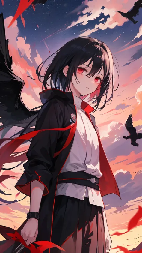 A night sky with red clouds and flying crows, Itachi Uchiha style 