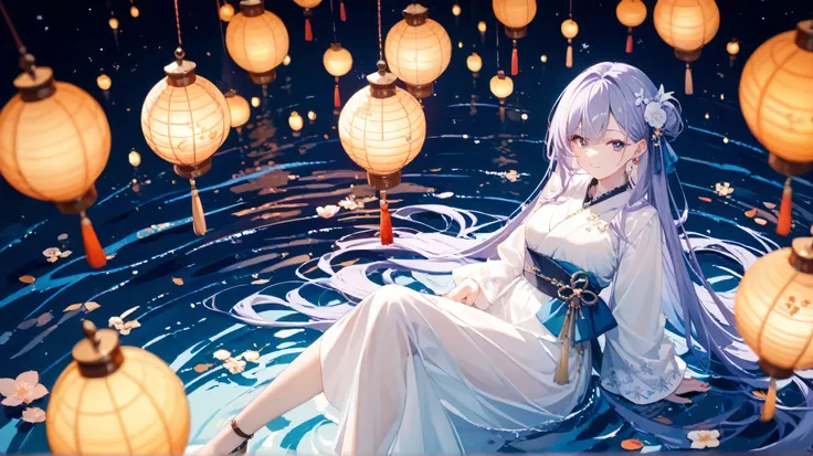 
Masterpiece, Best Quality, Top Quality, Very Detailed, Anime-style woman with long, flowing purple hair, adorned with delicate hair ornaments. She wears a white and blue kimono-inspired outfit with elegant embroidery and a sash with a golden emblem. Sitti...