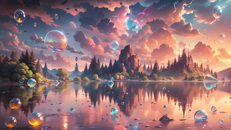 Distant view of the lake,Super cute slime,Reflected Light, colorful bubbles ,,Ultra High Definition,TOP QUALITY,soft writing,  fantasy style, bright colors