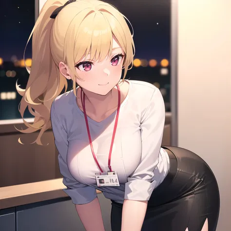 1girl, Solo, HD, Accurate, Cute Pose, Happy, Cute, Soft Lighting, Blurred Background, Close-up, (Quiet_Office_Background, Night_Vibes: 1.2)

-
(female: breasts, blonde, ponytail, white shirt, black skirt, pencil skirt, lanyard, lean over: 1.3)