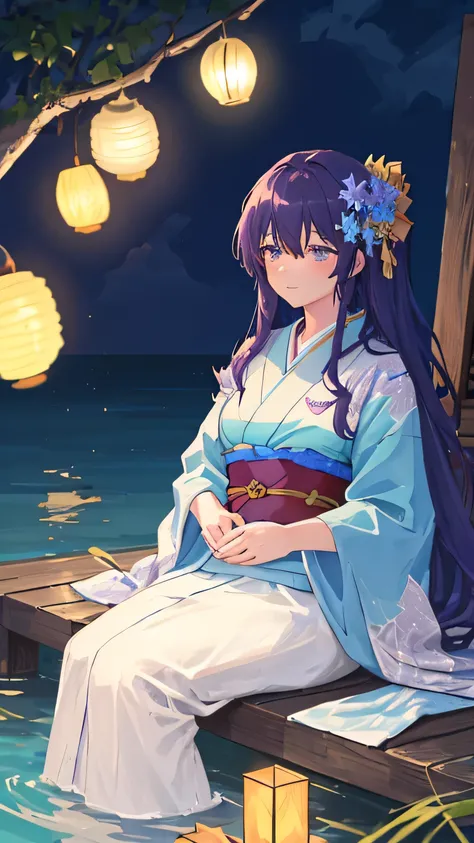 
Masterpiece, Best Quality, Top Quality, Very Detailed, Anime-style woman with long, flowing purple hair, adorned with delicate hair ornaments. She wears a white and blue kimono-inspired outfit with elegant embroidery and a sash with a golden emblem. Sitti...