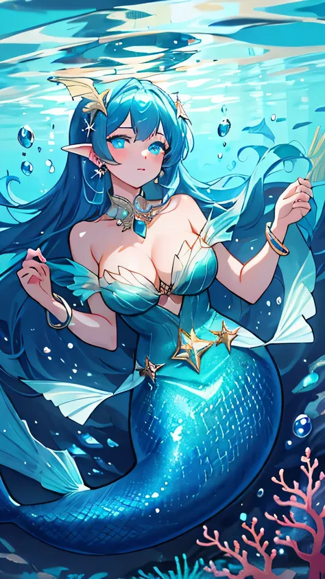 
Masterpiece, Best Quality, Top Quality, Very Detailed, An enchanting mermaid with shimmering turquoise hair, deep blue eyes, and glowing sapphire accessories. She has elegant fin-like ears and wears a dark blue gemstone-adorned outfit. Her presence radiat...