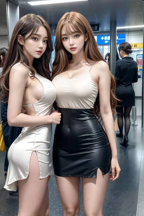 ( 2 girls),  K-pop idol ， Beautiful , amazing face ， big blue eyes , Double eyelid long lashes ， sexy and plump red lips ，Light Brown Curly Hair，cosmetic, (Extremely delicate beautiful face), (The sexiest look), ( Beautiful  big breasts:1.1), (best quality...