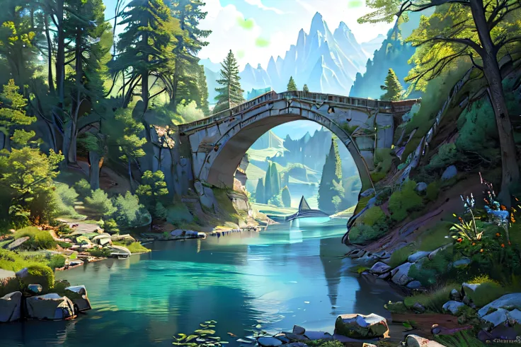 The inspired matte painting has a bridge across a river in the woods, 4k Highly Detailed Digital Art, Detailed landscape ,  Magnificent natural scenery , Detailed landscape  —width 672, 8K high-definition detailed picture, Stone Bridge,  impressive fantast...