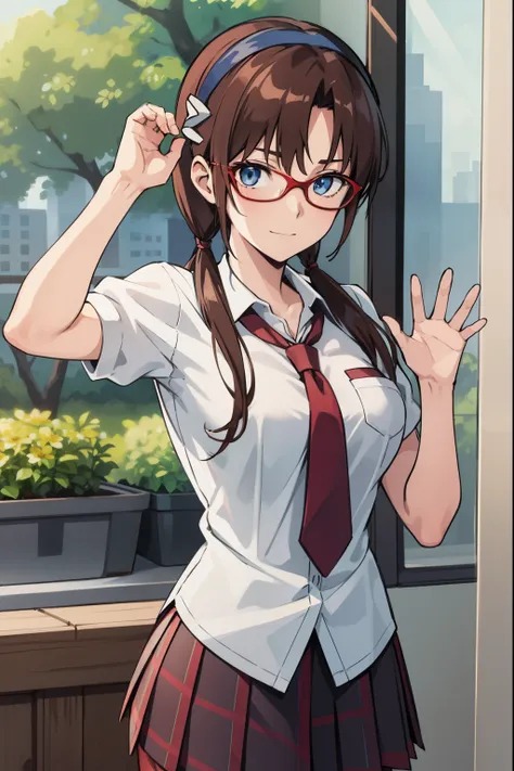 (masterpiece), (top quality), (high definition), (very detailed CG), (Unity 8K Wallpape), (perfect hands, perfect anatomy), (Mari Makinami:1.3),  blue eyes, brown hair, (glass:1.5), Headband, twin tail, break dress  shirt, pantyhose,  plaid  skirt,  school...