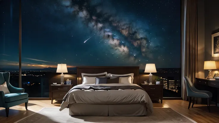 masterpiece, best quality,((Photo-realistic)),bedroom, night, starry sky