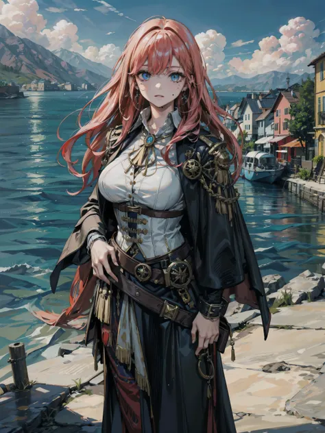 perfect anatomy, delicate facial features, very detailed eyes and face, Realistic beautiful face, Realistic beautiful eyes, mole under eyes, earring, large breasts, hair behind ear, outdoor, heavily armored pirate, Practical pirate clothing, black cape, op...