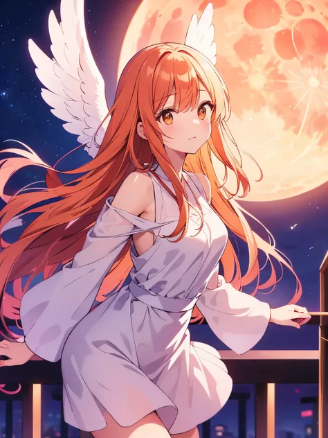 high resolution, The long-haired, lovely-looking woman with angel wings flying in the night sky. The orange moon below is a bright capital.