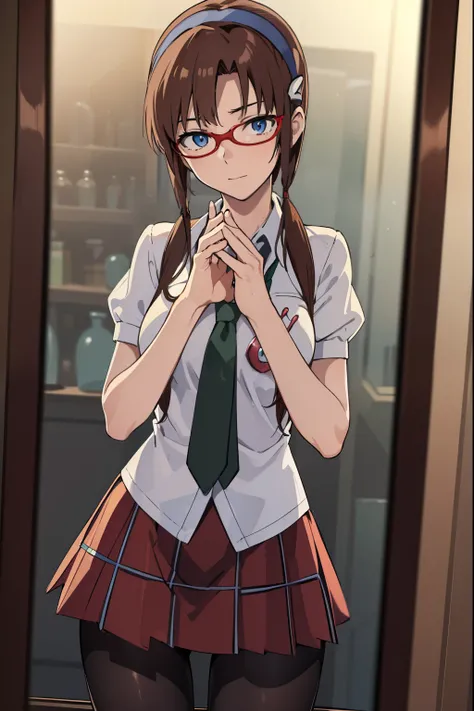 (masterpiece), (top quality), (high definition), (very detailed CG), (Unity 8K Wallpape), (perfect hands, perfect anatomy), (Mari Makinami:1.4),  blue eyes, brown hair, (glass:1.5), Headband, twin tail, school uniform, dress shirt, pantyhose,  plaid  skirt...