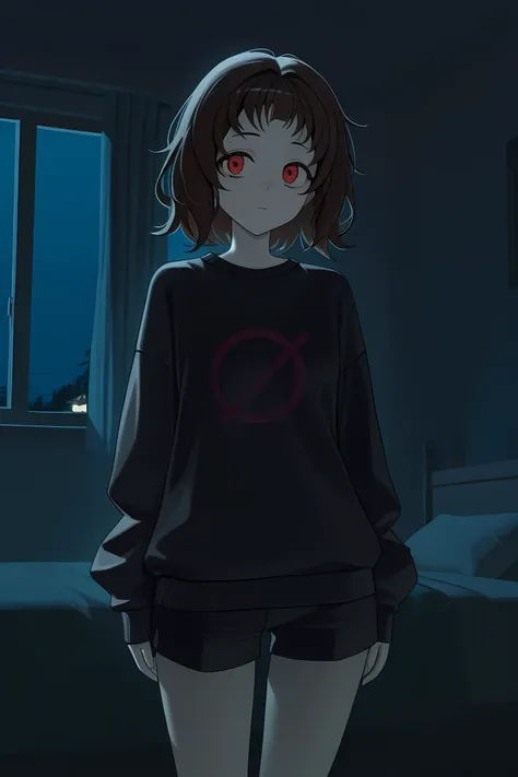 masterpiece, best quality, amazing quality, very aesthetic, absurdres, newest, scenery, milk-chan \(milk series\), null sign, black sweater, black shorts, 1girl, solo, portrait, night, bedroom,