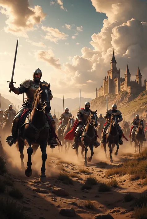 **Prompt:**     Create a hyper-realistic panoramic image set in a medieval battlefield where passionate Christian Crusader cavalry units are charging forward. Focus on the intricately detailed armor of the horses and the broad swords held by the mounted cr...