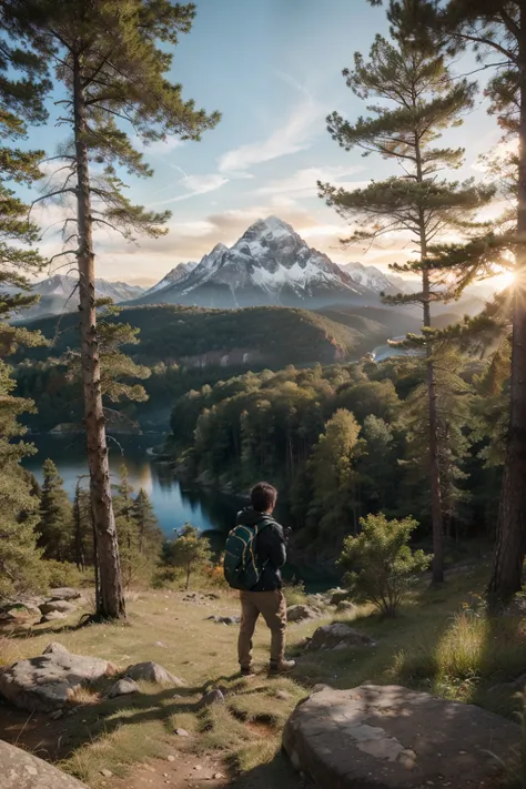 An adventurous traveler stands on a rocky cliff, holding a camera and capturing the breathtaking scenery before them. Dressed in outdoor gear with a backpack slung over their shoulders, they focus intently on framing the perfect shot. The landscape stretch...