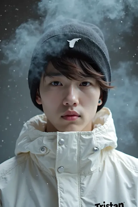 Create a 3D image of a handsome 28 year old Korean looking boy, wearing a black beanie hat with the   tristan logo covering hair, a man wearing a white jacket that says  Tristan" with smoke artistically forming a Computer Photoshop editing frame.