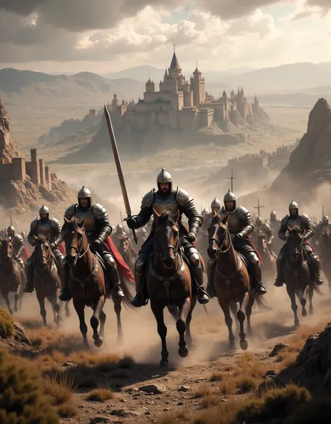 **Prompt:** Create a hyper-realistic panoramic image set in a medieval battlefield where passionate Crusader cavalry units are charging forward. Focus on the intricately detailed armor of the horses and the broad swords held by the mounted warriors. Th...
