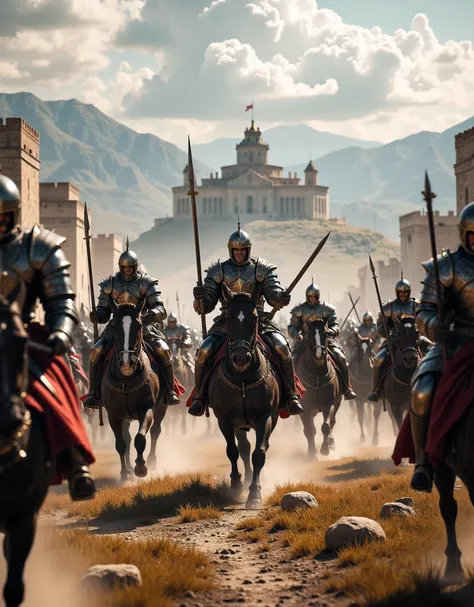 **Prompt:** Create a hyper-realistic panoramic image set in a medieval battlefield where passionate Crusader cavalry units are charging forward. Focus on the intricately detailed armor of the horses and the broad swords held by the mounted warriors. Th...