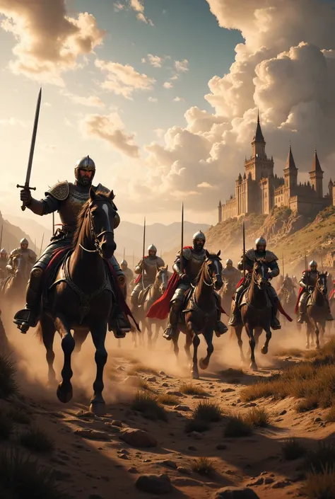 **Prompt:** Create a hyper-realistic panoramic image set in a medieval battlefield where passionate Christian Crusader cavalry units are charging forward. Focus on the intricately detailed armor of the horses and the broad swords held by the mounted cr...