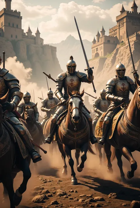 **Prompt:** Create a hyper-realistic panoramic image set in a medieval battlefield where passionate Crusader cavalry units are charging forward. Focus on the intricately detailed armor of the horses and the broad swords held by the mounted warriors. Th...