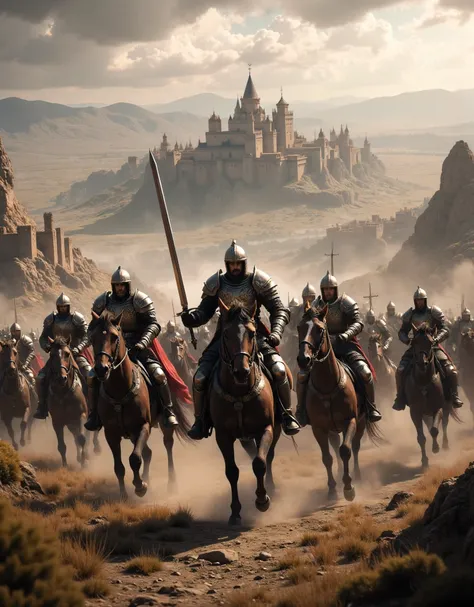 **Prompt:** Create a hyper-realistic panoramic image set in a medieval battlefield where passionate Crusader cavalry units are charging forward. Focus on the intricately detailed armor of the horses and the broad swords held by the mounted warriors. Th...