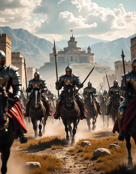 **Prompt:** Create a hyper-realistic panoramic image set in a medieval battlefield where passionate Crusader cavalry units are charging forward. Focus on the intricately detailed armor of the horses and the broad swords held by the mounted warriors. Th...