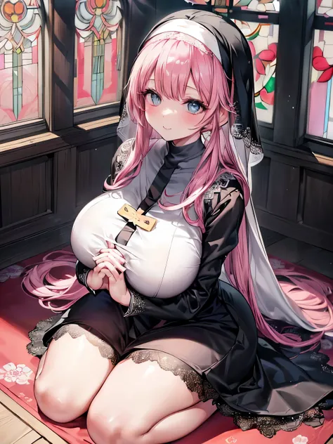 beautiful eyes,とてもかわいいface, Beautiful Japanese Girl,( solo girl),(gigantic breasts),(smiles),( pink hair,Cross Bangs ),(pink low twintails hair),( big light blue eyes),View Viewer,break,( Nun Costume ,black cassock,とてもexhaustiveな聖職者の衣装,Intricate Patterned ...