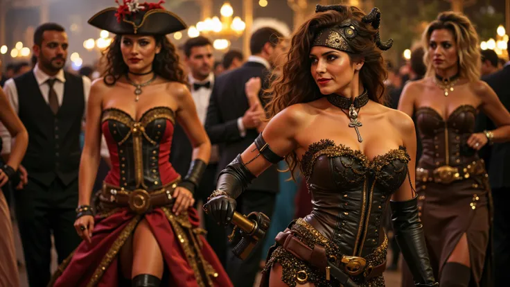 A fierce and alluring airship pirate woman in a steampunk world. She wears a tight leather corset that accentuates her curves, a short asymmetrical skirt with lace and brass buckles, and thigh-high boots with intricate gear-shaped embellishments. Her wild ...