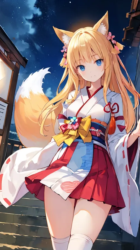 fantastic cherry blossom blizzard background,( fox ears、 shrine maiden clothes 、 long blonde、miniskirt、White Knee-High Socks、)、 anime、(soft smile)、 front view, standing picture,{Highly Detailed 16k CG Unit Wallpaper}、 Expansive Landscape Photos 、(Low Angle...