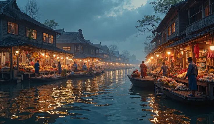 The hustle and bustle of a floating market. On a river in Southeast Asia during the kingdom era. Wooden buildings with tiered floors. Stalls full of merchandise. Dramatic. View from the surface of the water. The atmosphere at dawn, the sky is still a bit d...